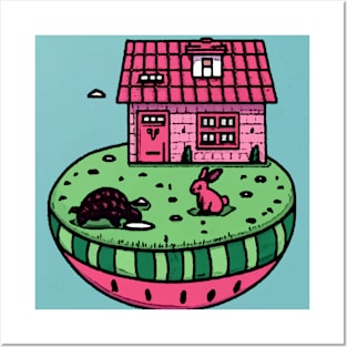 AI Generated Pangolin and Rabbit house on Watermelon Posters and Art